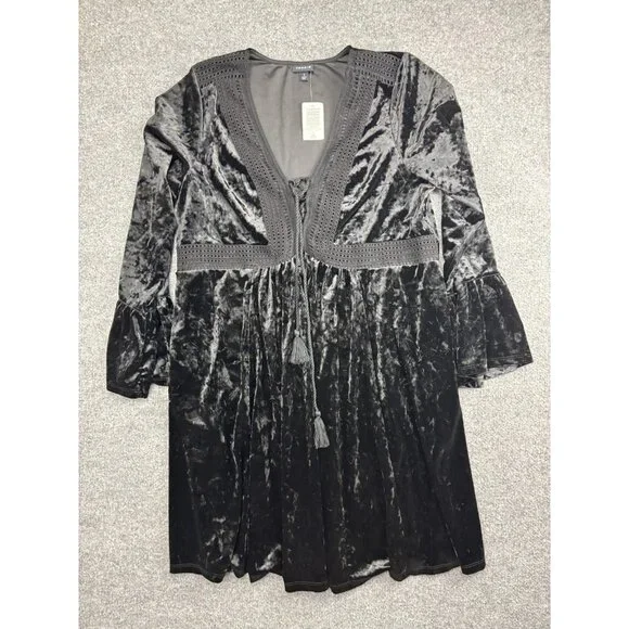 Torrid Dress Womens 1X Black Velvet Long Sleeve Boho Tassel Tie 14-16 - Picture 1 of 7